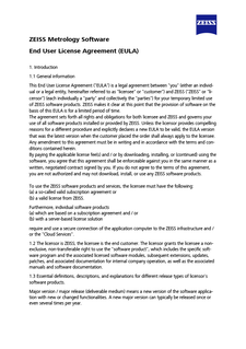 Forhåndsvisning af ZEISS Metrology Software End User License Agreement (EULA)