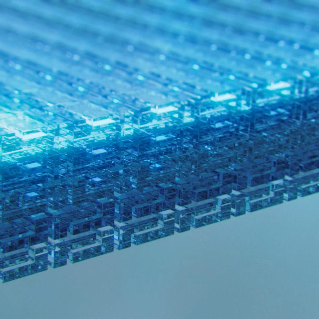 CGI-illustration af ultra-tynde coating-lag, komprimerede, takket være ion-bombarderingen i ZEISS DuraVision-overfladebehandlingen.
