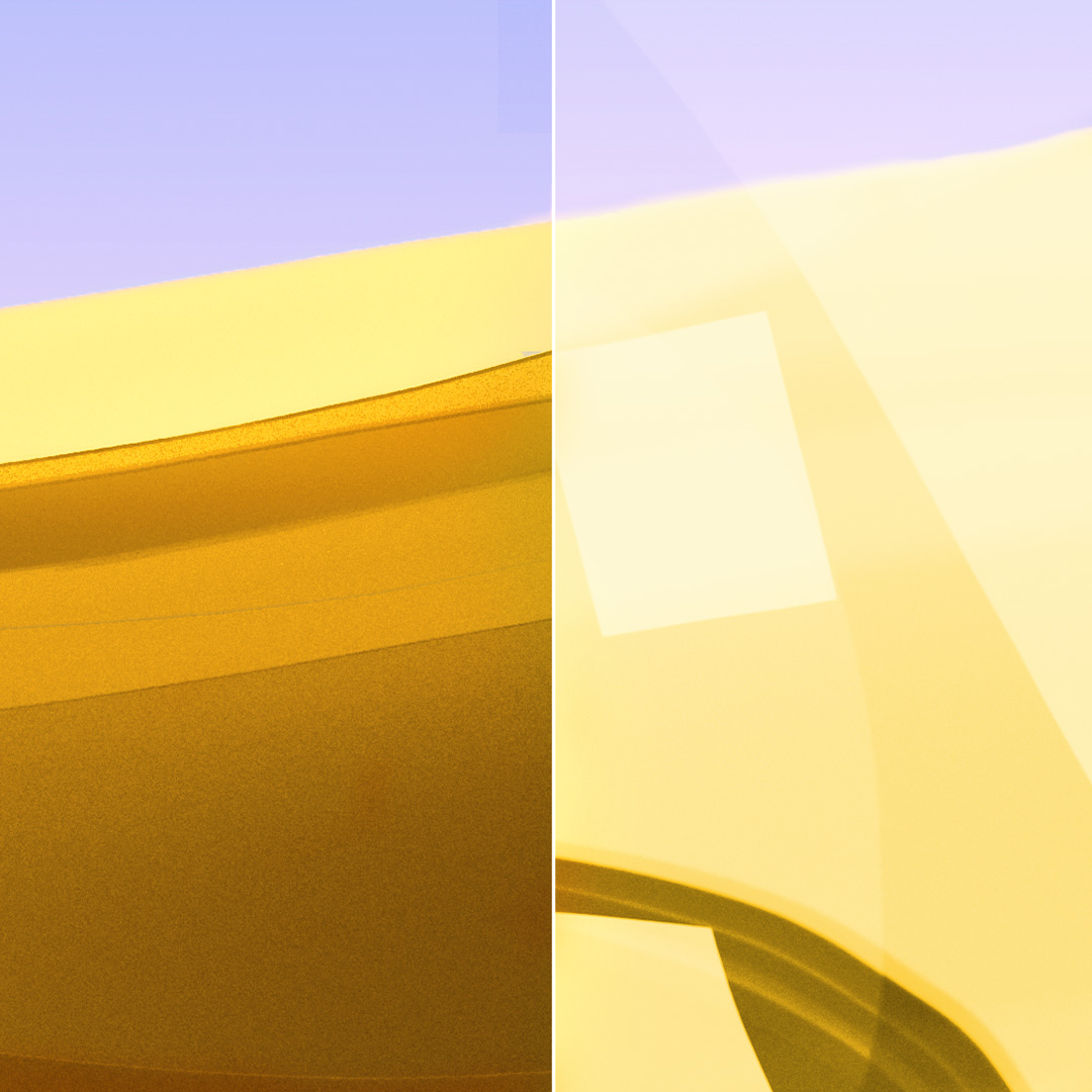 Todelt billede af et klart, rent brilleglas med ZEISS DuraVision Gold UV og et brilleglas med kraftige refleksioner.