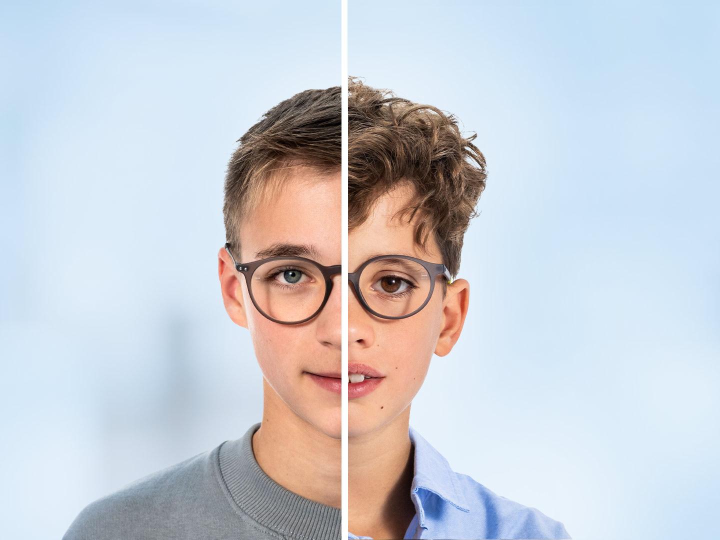 Halvdelen af et teenage-drengs ansigt ved siden af halvdelen af en mindre drengs ansigt.