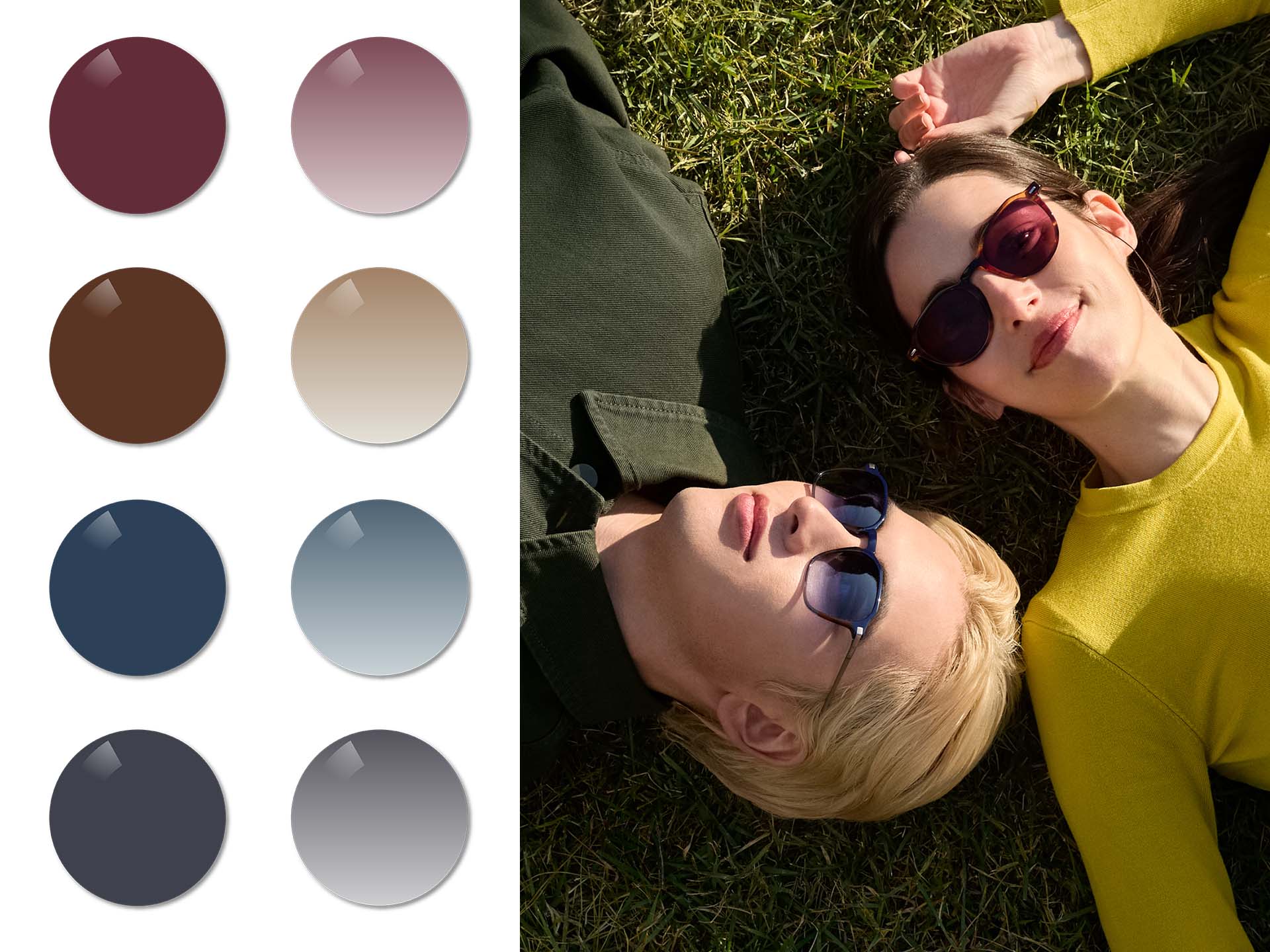 En mand, der bruger ZEISS Sun Rx-brilleglas i gradueret Midnight Blue, og en kvinde, der bruger solbrilleglas med styrke i ensfarvet Burgundy fra ZEISS, liggende på græs. Dernæst ses farverne Burgundy, Copper Brown, Midnight Blue og Dusk Grey i ensfarvet og gradueret farvetone.