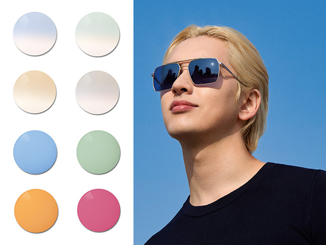 En ung mand, som bruger ZEISS Sun Rx-brilleglas i en blå ensfarvet farvetone. Dernæst visualiseres farvepaletten for specialfarver, der spænder fra pastelfarver til stærke og farverige helfarver.