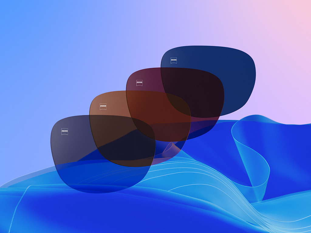 3D CGI-illustration af fire farvetonede brilleglas i Dusk Grey, Copper Brown, Burgundy and Midnight Blue.