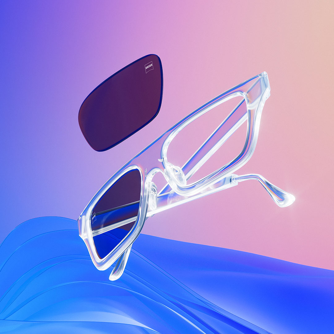 3 D CGI-illustration af et klart brillestel med farvetonede brilleglas.