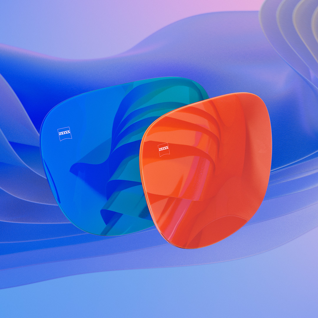 3 D CGI-illustration af to solbrilleglas med en blå og en orange spejl-coating.