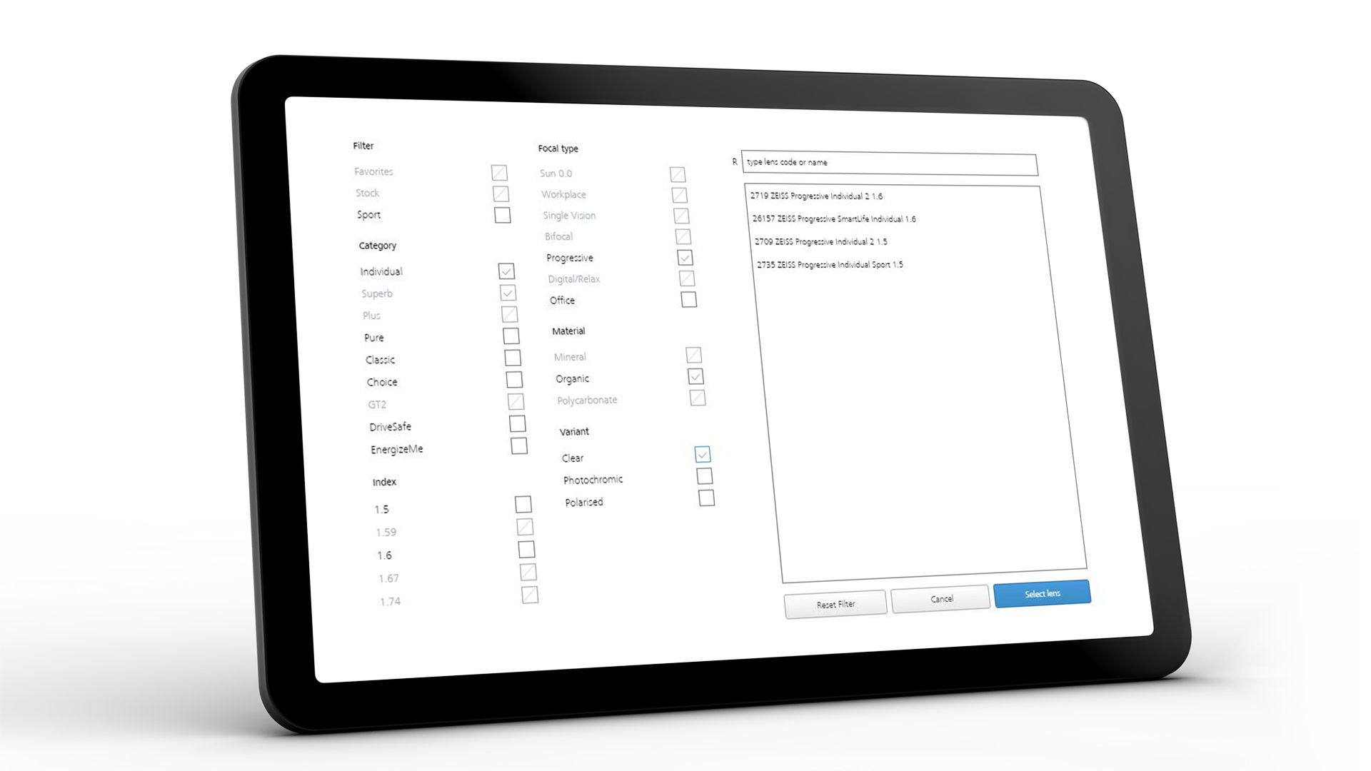 Tablet skærmbillede, som viser ZEISS VISUSTORE-brugergrænsefladen med forskellige inputværktøjer 