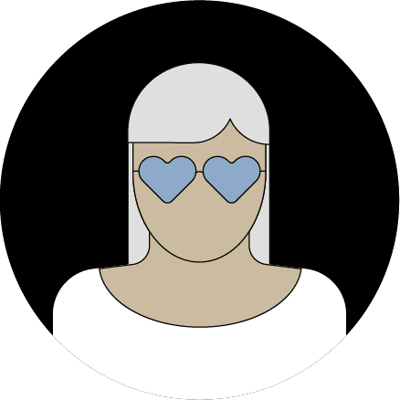 Illustration af en kvinde der bærer briller med hjerteformede glas. 