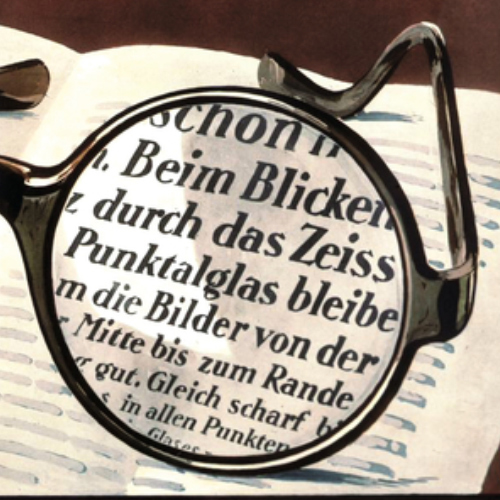 Et billede af en gammel reklame for ZEISS Punktal brilleglas med et klart syn igennem hele glasset. Det var revolutionerende i 1912. 