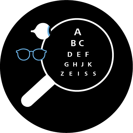 Illustration af briller, et øje og en lup der forstørrer bogstaverne i en synstest. 