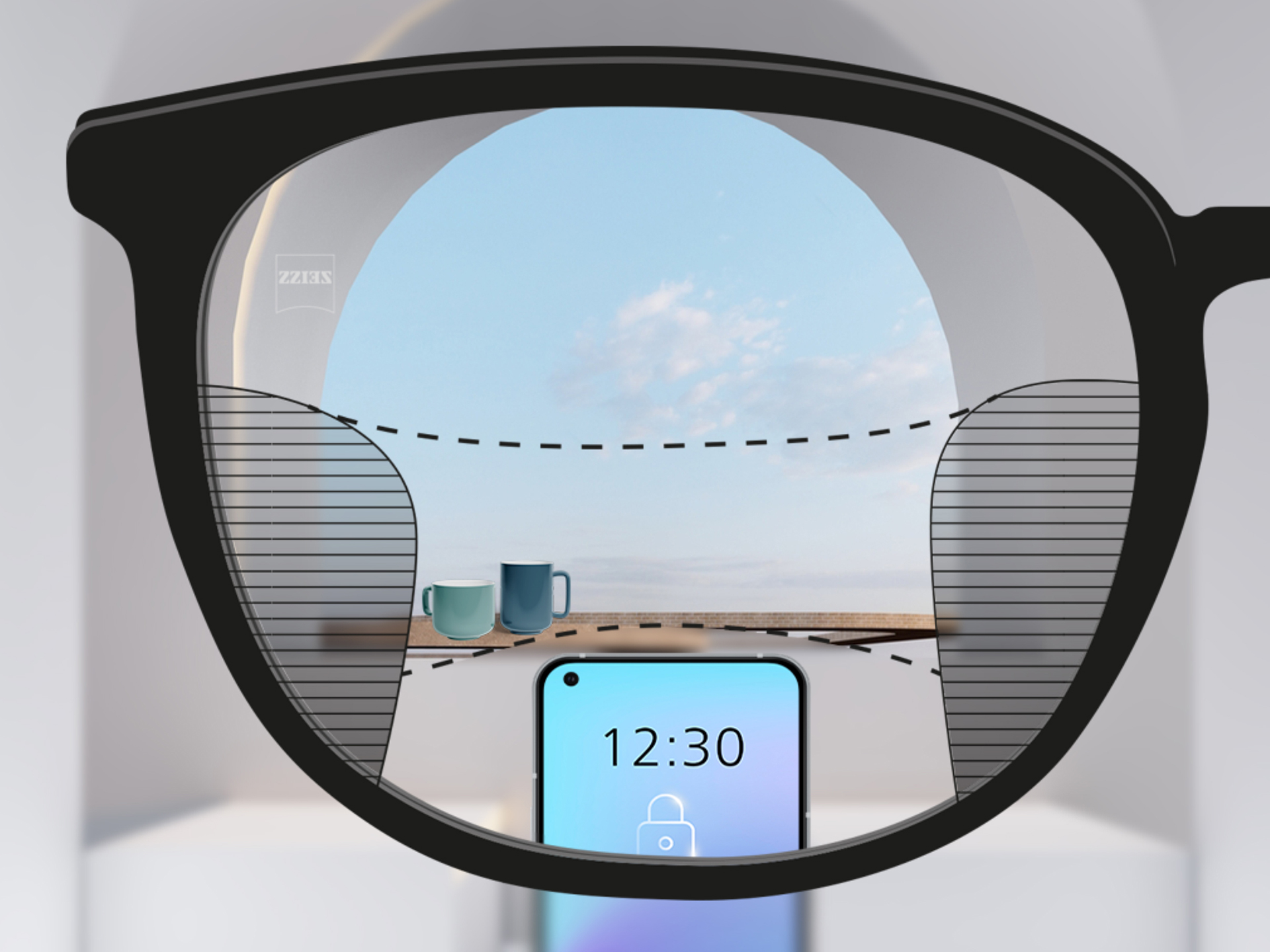 Et billede med et syn igennem et ZEISS Progressive SmartLife brilleglas: De slørede zoner til venstre og højre i glasset er små og muliggør store klare synszoner.