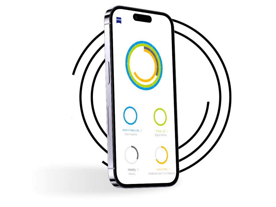 En smartphone foran sorte ringe viser synsprofilen for en My Vision Profiler-bruger med forskelligt farvede ringe. 