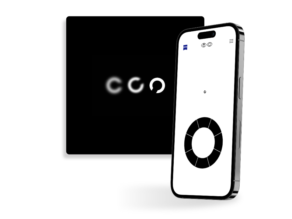 En smartphone med en skærm, der viser en ZEISS online synstest, og som står foran en sort firkantet knap med forskellige skarpe ringe og med en åbning i forskellige retninger, normalt anvendt til synstest.