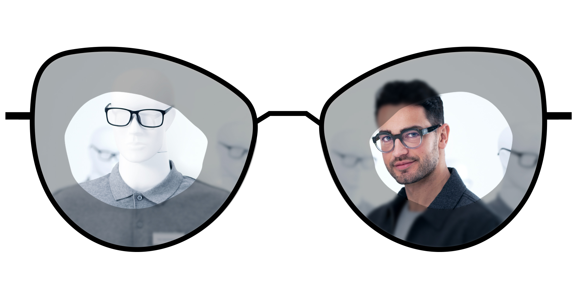 Illustration med briller, der viser de slørede zoner i standard enkeltstyrkeglas i sammenligning med de store klare zoner i ZEISS ClearView enkeltstyrkeglas.