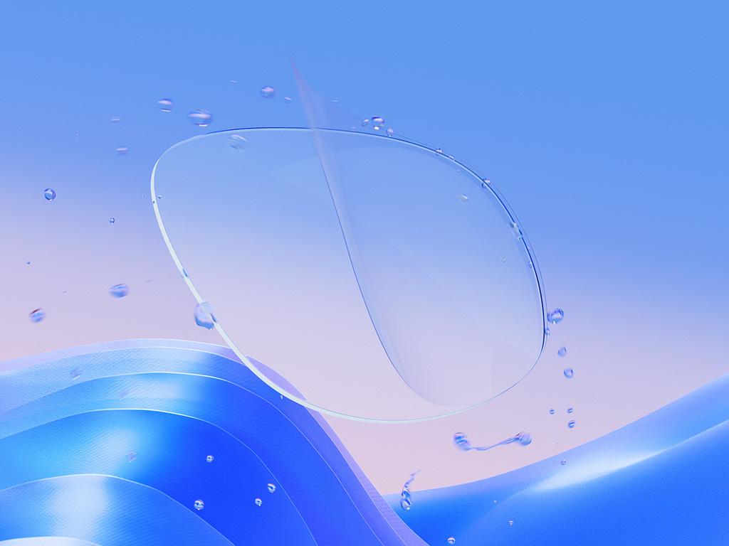 En CGI illustration af et klart brilleglas med en tynd overfladebehandling, der effektivt skyr vanddråber og demonstrerer glassets klarhed og beskyttende egenskaber.