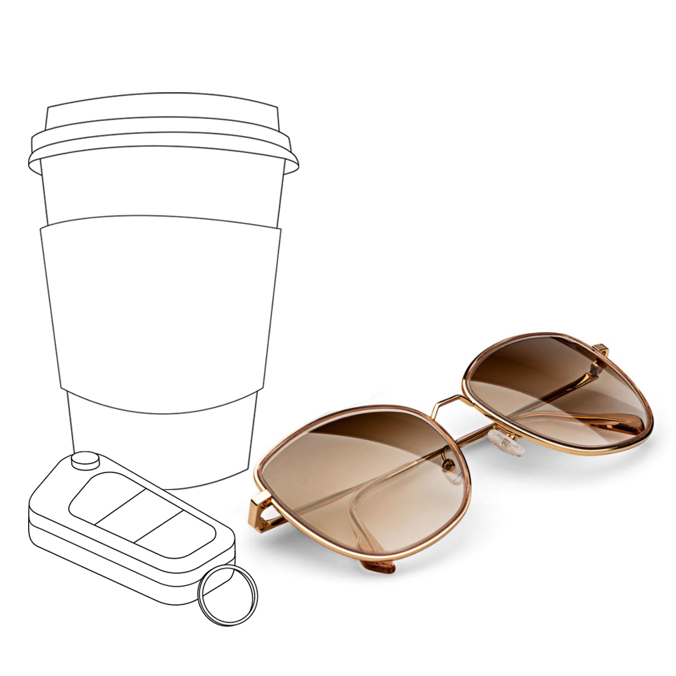 Et billede af en kaffekop og bilnøgler ved siden af et virkeligt billede af ZEISS solbriller med en grå farveovergang.
