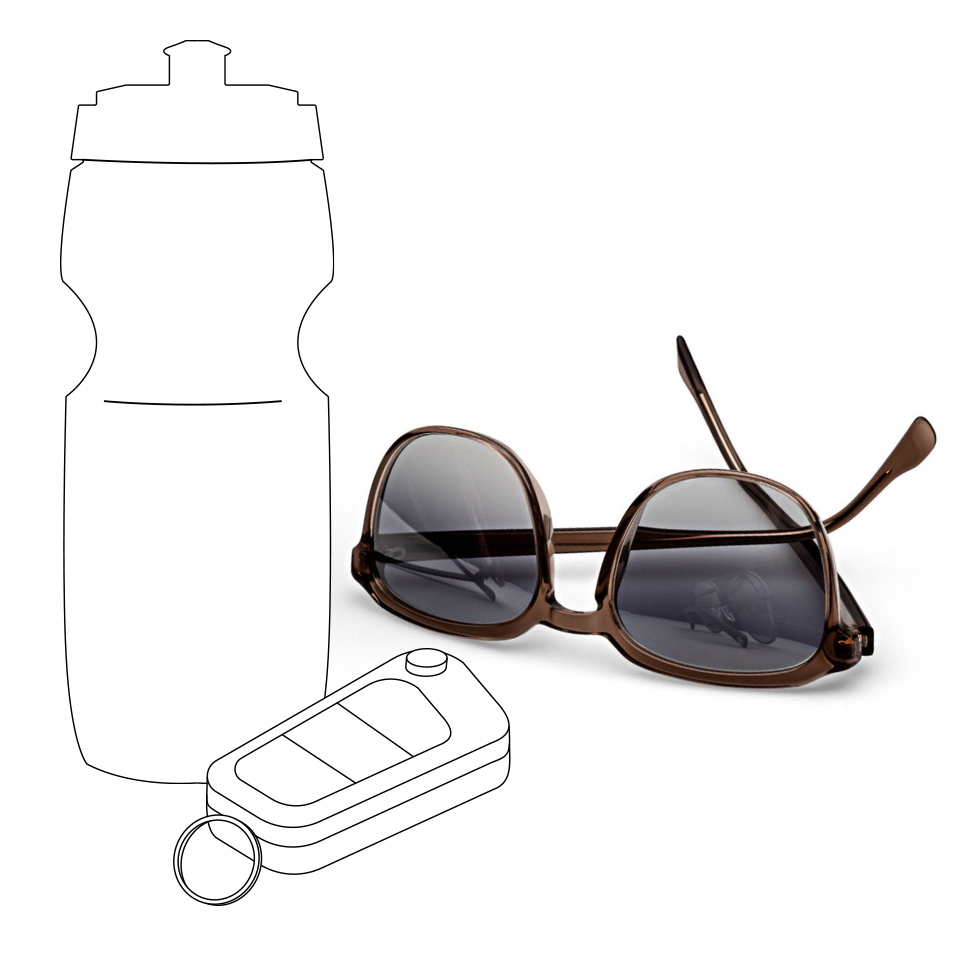 Et billede af en sportsdrikkeflaske og bilnøgler ved siden af et billede af ZEISS solbrilleglas med en grå farveovergang.
