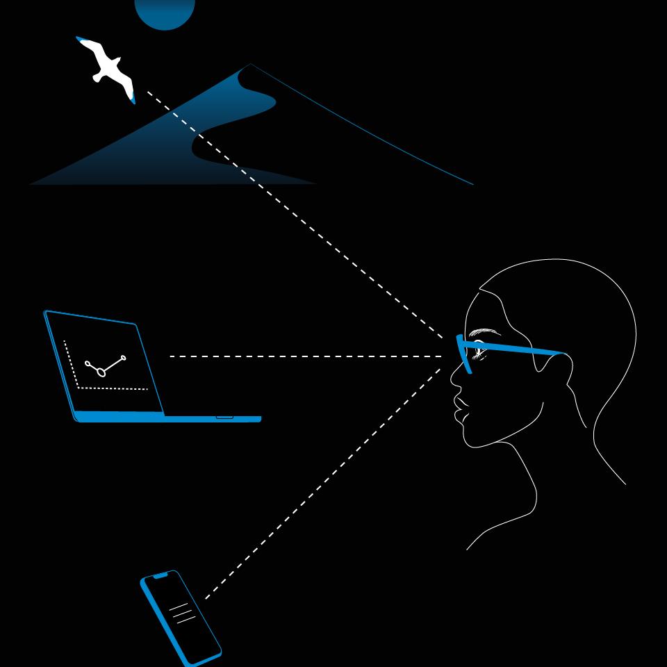 En illustration af en kvinde med briller og illustrationer på en telefon, en bærbar og et landskab, der demonstrerer de tre afstandszoner, som understøttes af progressive brilleglas.