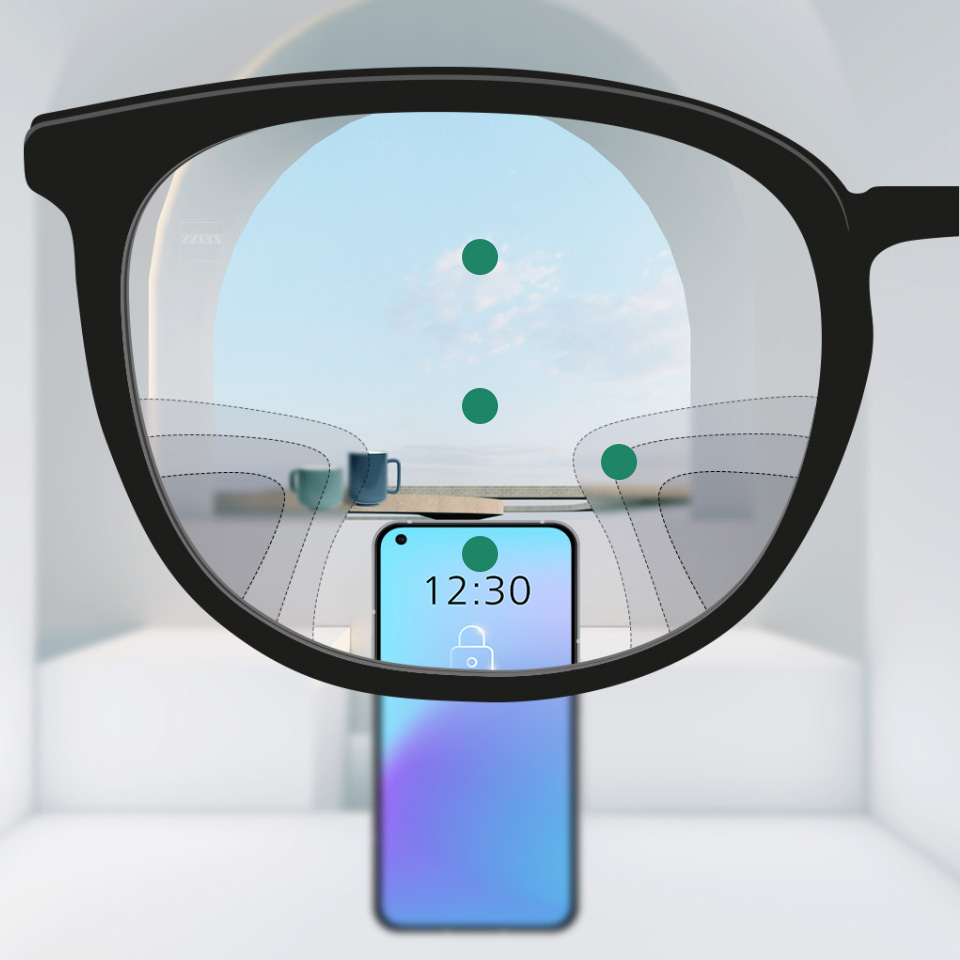 En illustrerende visning af brilleglas med hybridt glasdesign, der viser et bredt synsfelt på tæt, mellem- og fjernafstand, og glidende overgange mellem synszonerne.