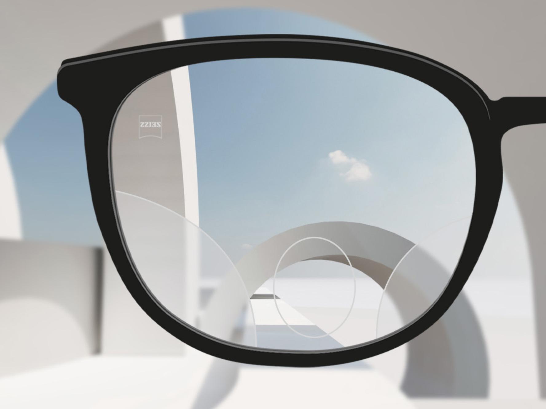 Skematisk illustration af ZEISS MyoKids brilledesign: Den øverste halvdel af glasset giver afstandssyn, og den nederste giver nærsyn.