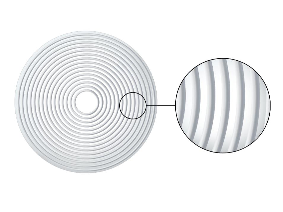 Illustration af et ZEISS MyoCare brilleglas med C.A.R.E.-elementer der skaber defokus-zoner til forsinkelse af myopi-progression.