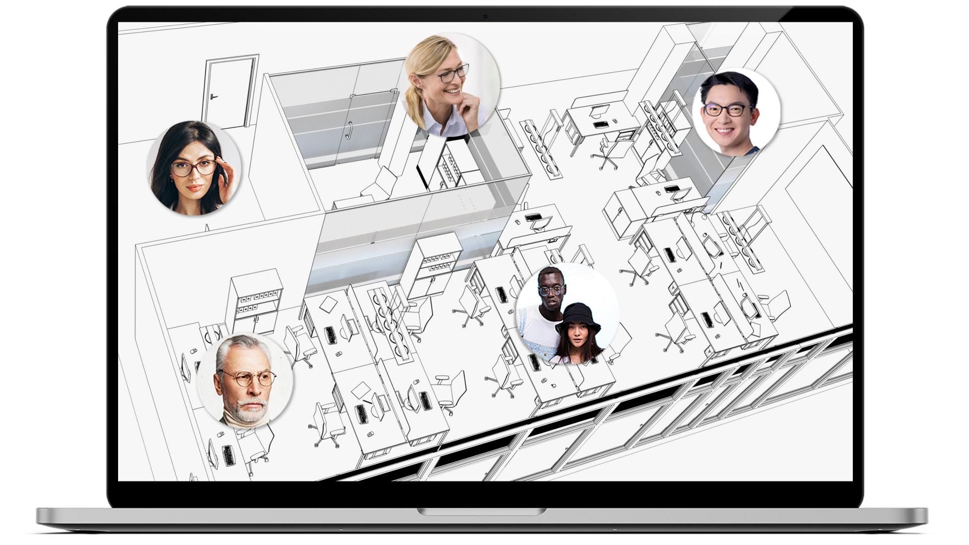 Bærbar med en tegning af et kontormiljø på skærmen, der viser hvor de forskellige kolleger befinder sig. Hvert område har et lille billede af forskellige mennesker, der alle bærer ZEISS Office-briller.