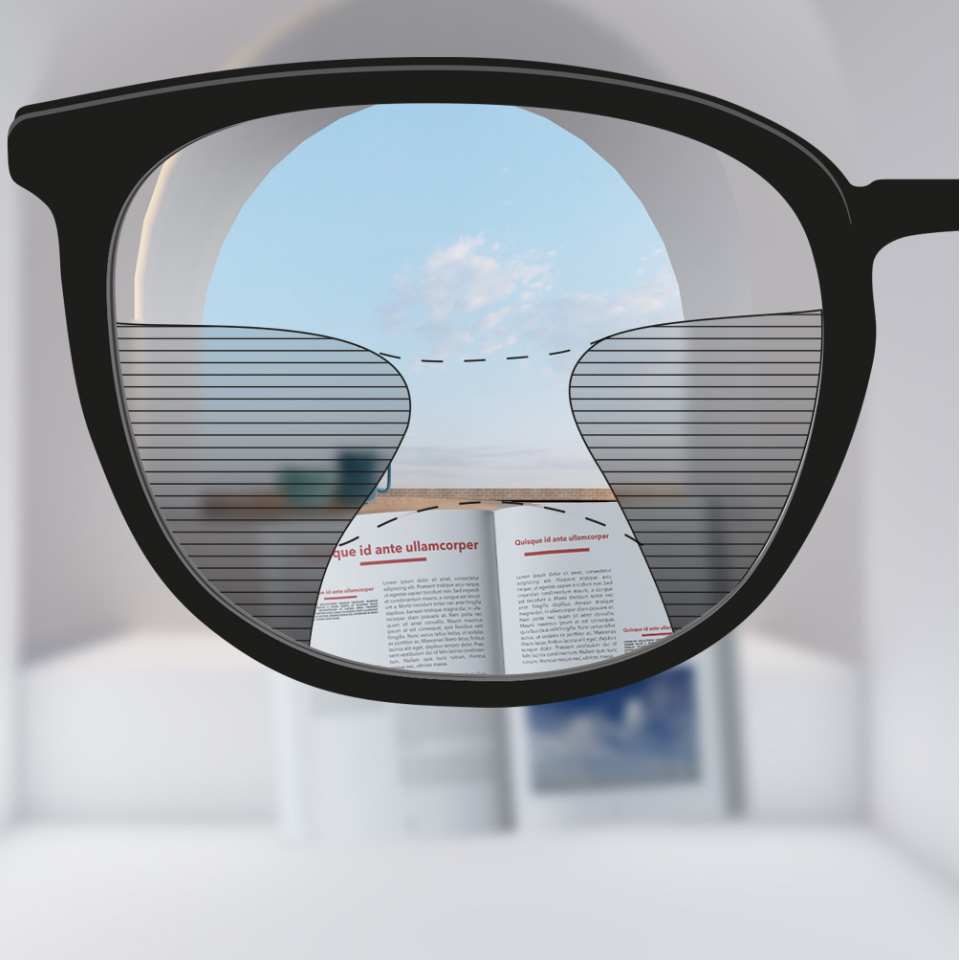 En billedskydeknap, der viser et konventionelt flerstyrkeglas til venstre med relativt begrænsede synszoner, sammenlignet med et Premium-glas til højre, der har klart syn igennem mere af glasset.