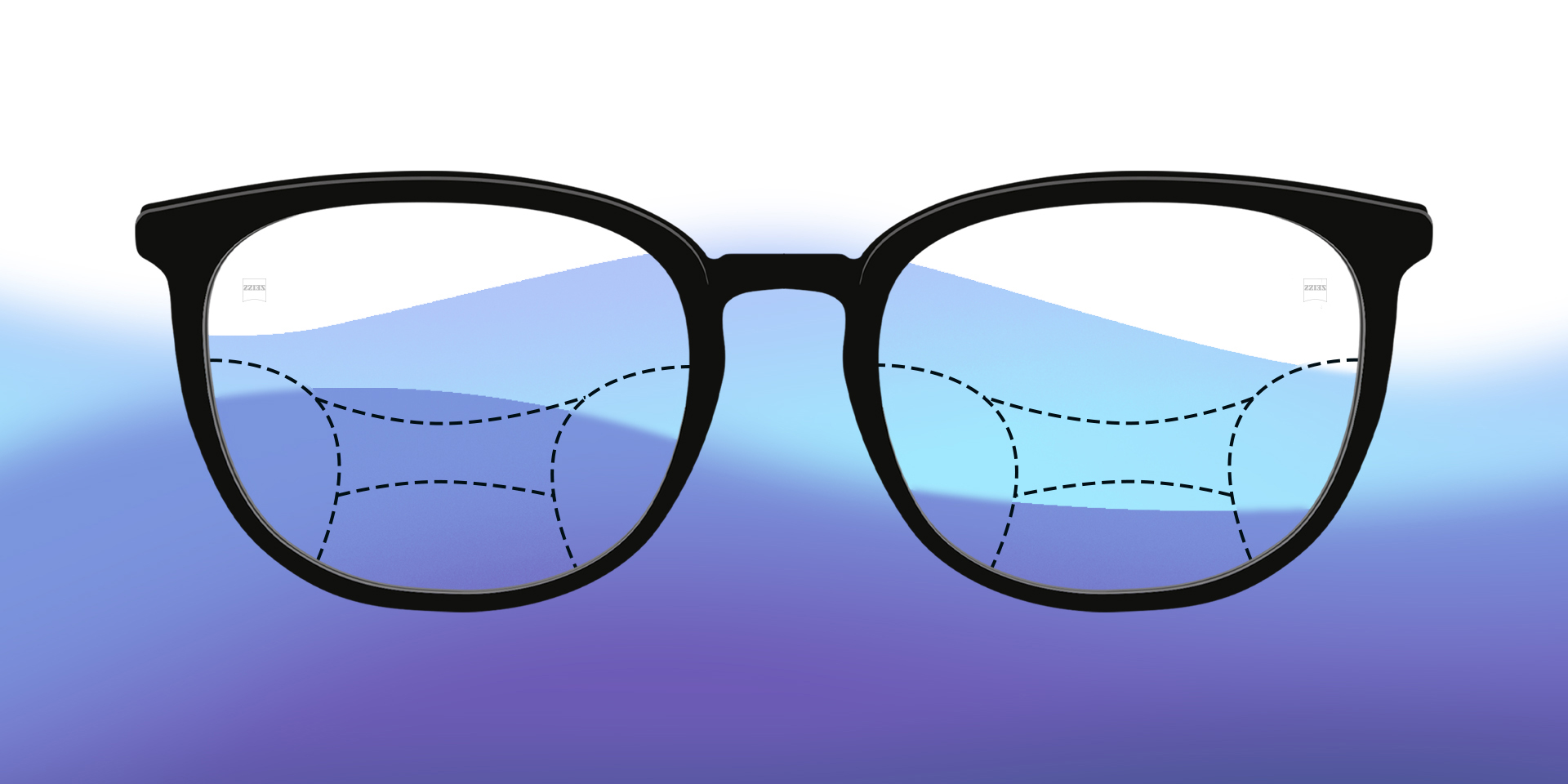 Et billede af illustrerede progressive brilleglas på en farvet baggrund.