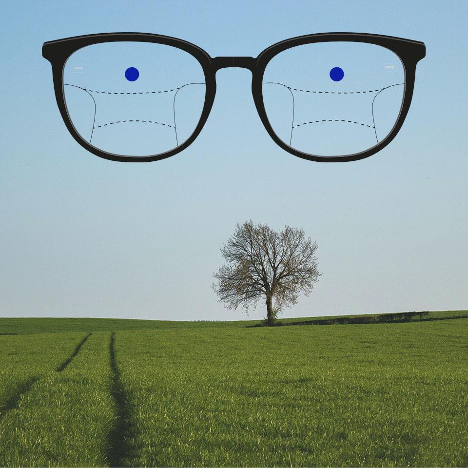 Et stel med progressive brilleglas og skematiske linjer til visning af de forskellige synszoner. Forskellige dele af brilleglasset er fremhævede: Afstand - øverste del af glassene.