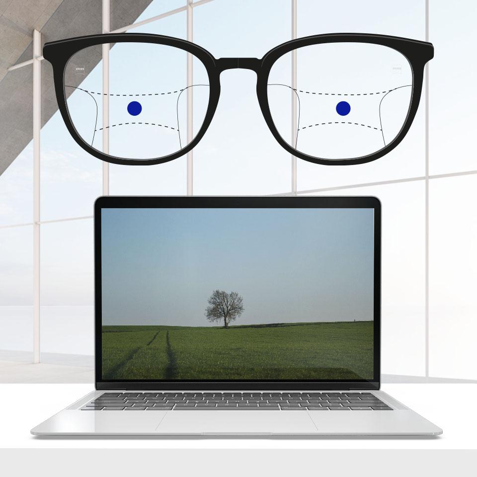 Et stel med progressive brilleglas og skematiske linjer til visning af de forskellige synszoner. Forskellige dele af brilleglasset er fremhævet: Mellem - midten af glasset.