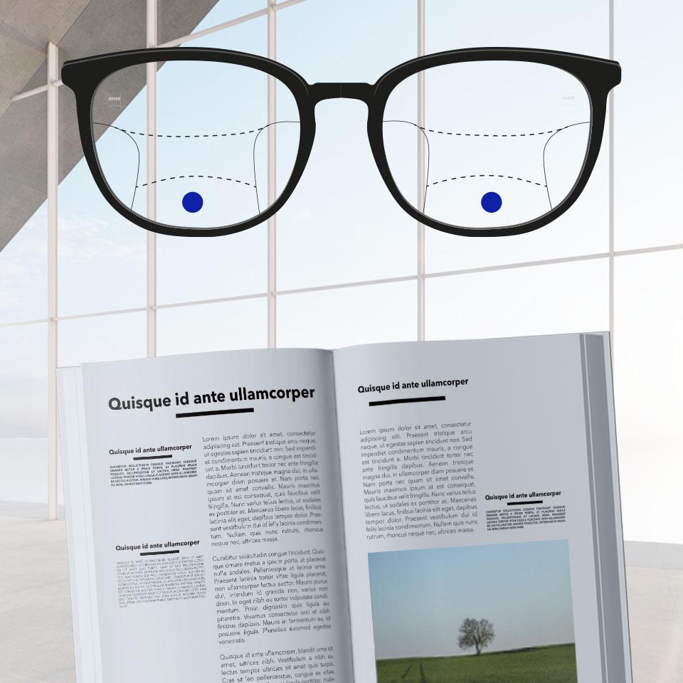 Et stel med progressive brilleglas og skematiske linjer til visning af de forskellige synszoner. Forskellige dele af brilleglasset er fremhævet: nær - nederste del af glassene.