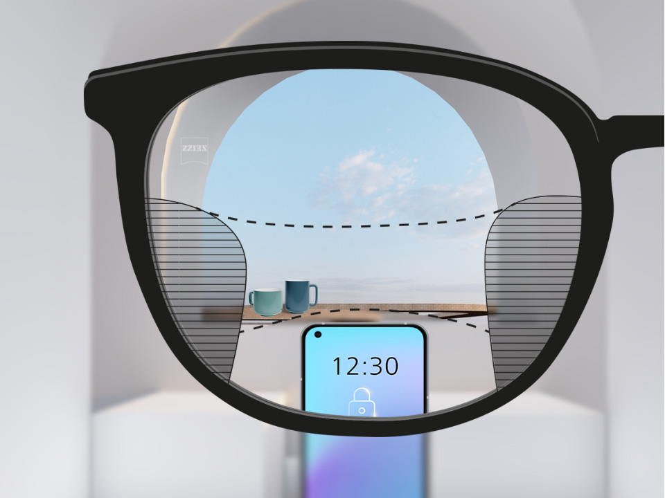 Skematisk illustration af et punkt set gennem et øje via et SmartLife progressivt brilleglas med tre store synszoner til synskorrektion på nær (smartphone), mellem (kaffekopper) og fjern (himmel).