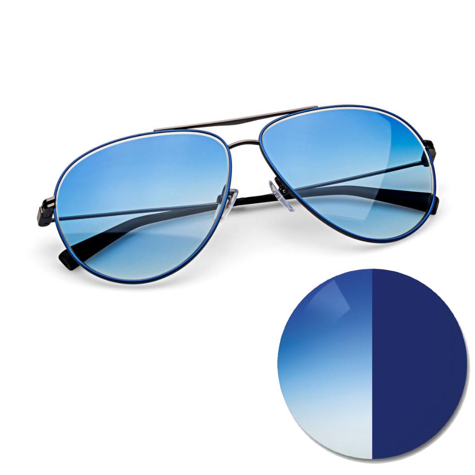 Briller med ZEISS AdaptivSun gradueret blåt og en farveprik i lys- og mørk-tonet farvenuance