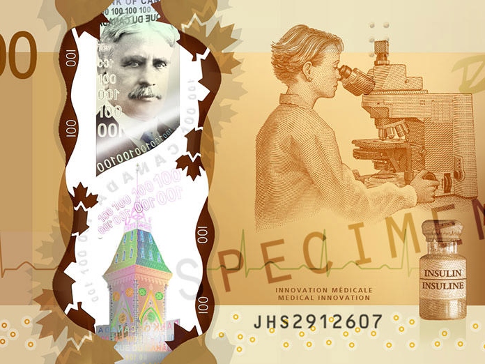 Nærbillede af den canadiske 100 $ seddel, som blandt andet viser et ZEISS mikroskop.