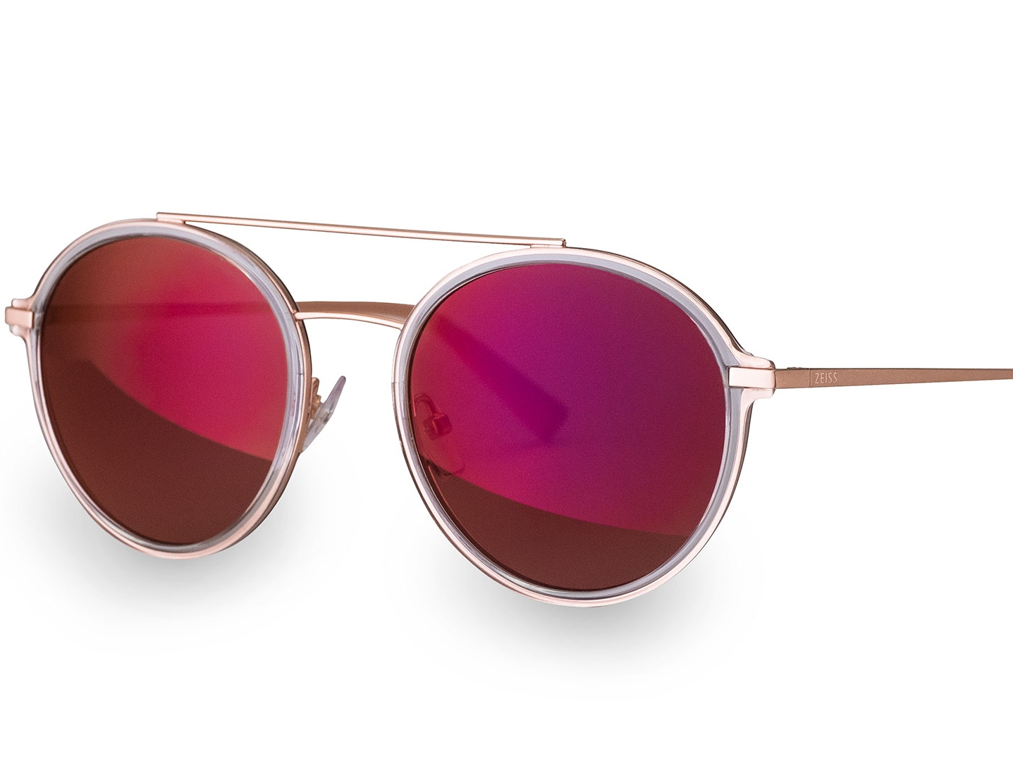 Fotografi af moderne solbriller med speciel ZEISS-frontglas-coating i magenta 