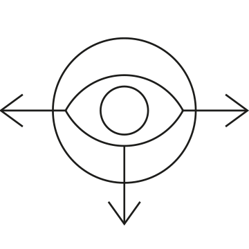 Ikon der viser et øje i en cirkel med tre pile - venstre, ned og højre.