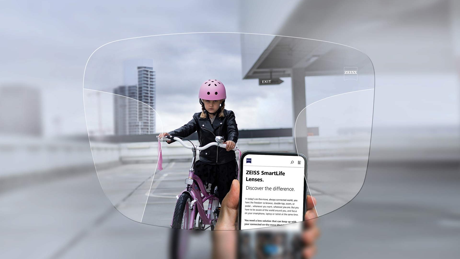Illustration af ZEISS SmartLife Progressive Pure-brilleglas. Billedet viser hvordan det ser ud gennem brilleglassene.