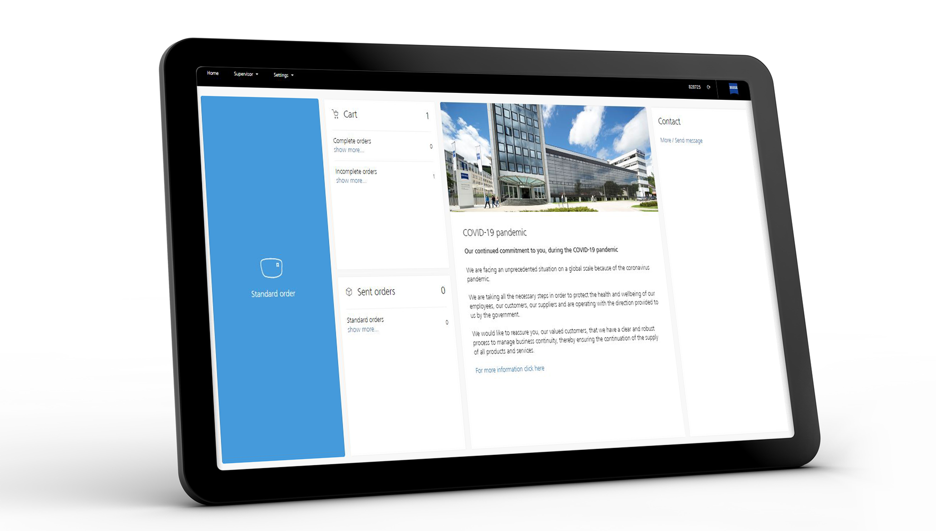 Tablet-skærmbillede, som viser ZEISS VISUSTORE-brugergrænsefladen for standardbestillinger 