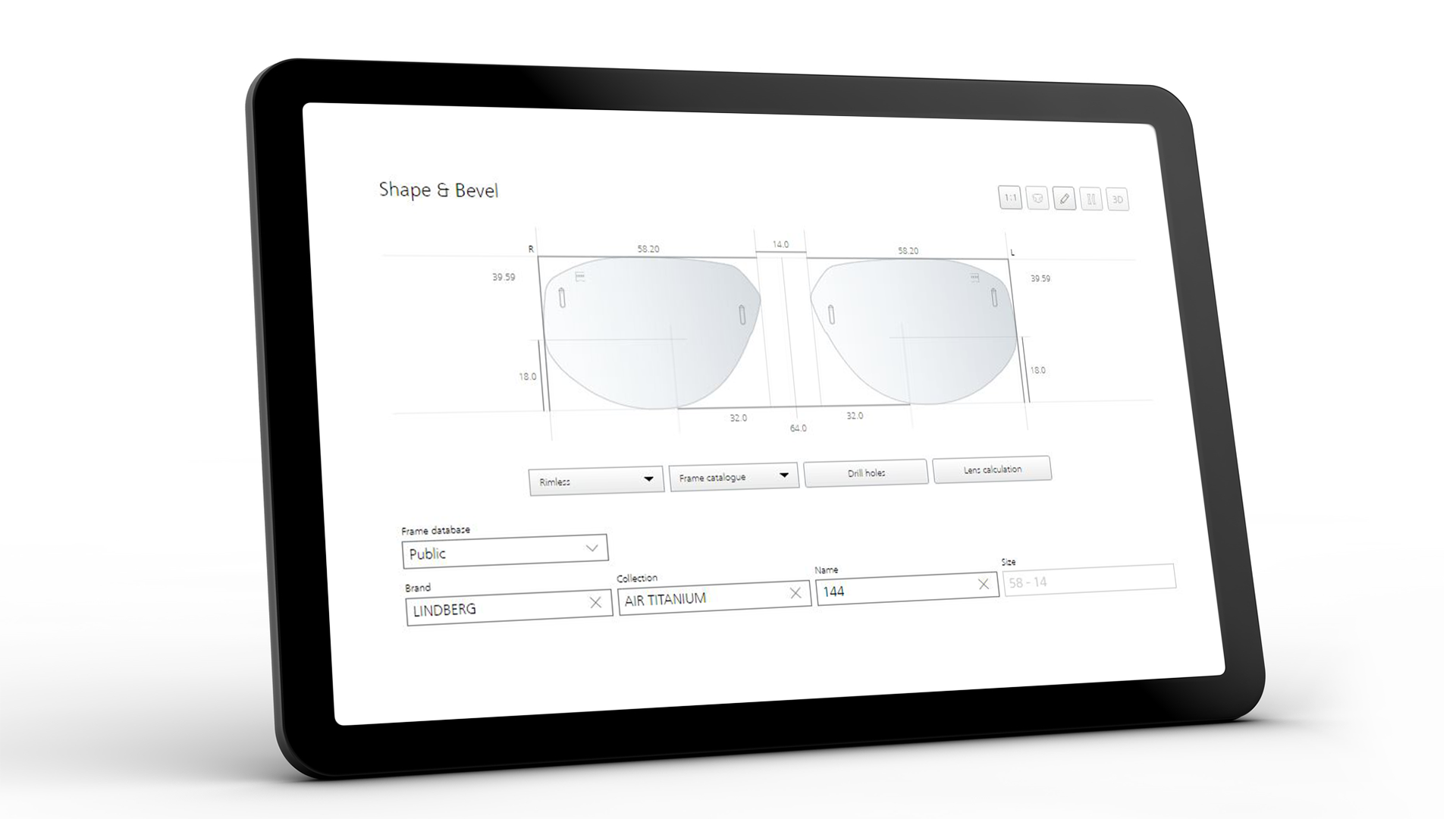 Tablet skærmbillede, som viser ZEISS VISUSTORE-brugergrænsefladen for form og facetkant 