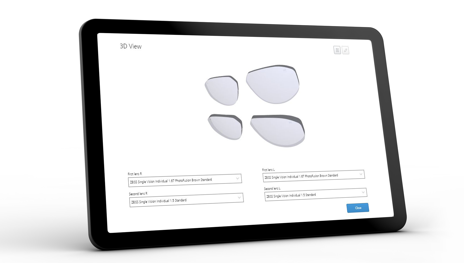 Tablet skærmbillede, som viser ZEISS VISUSTORE-brugergrænsefladen for 3D-visning 
