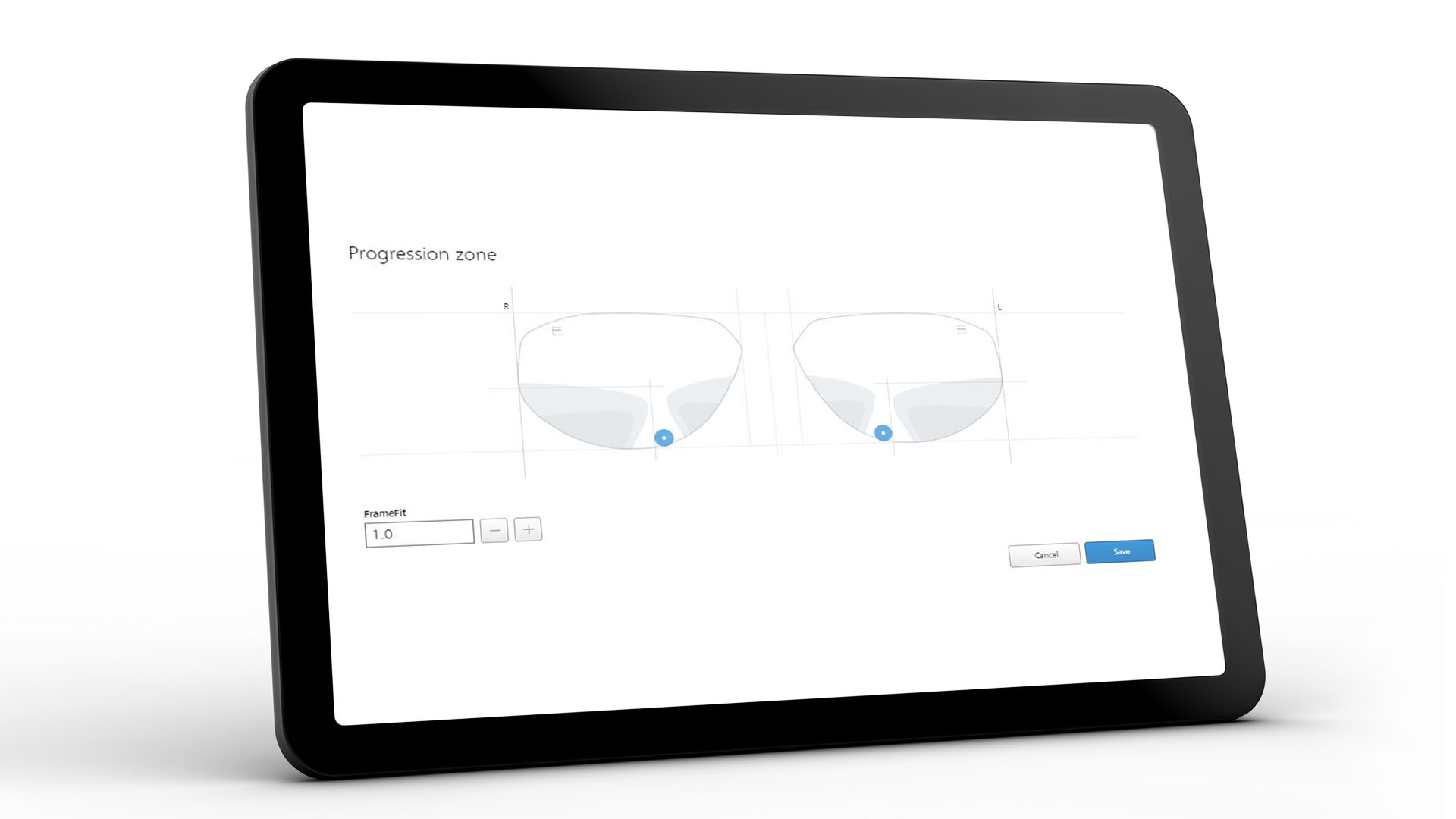 Tablet-skærmbillede, som viser ZEISS VISUSTORE-brugergrænsefladen for progressions-zonen 