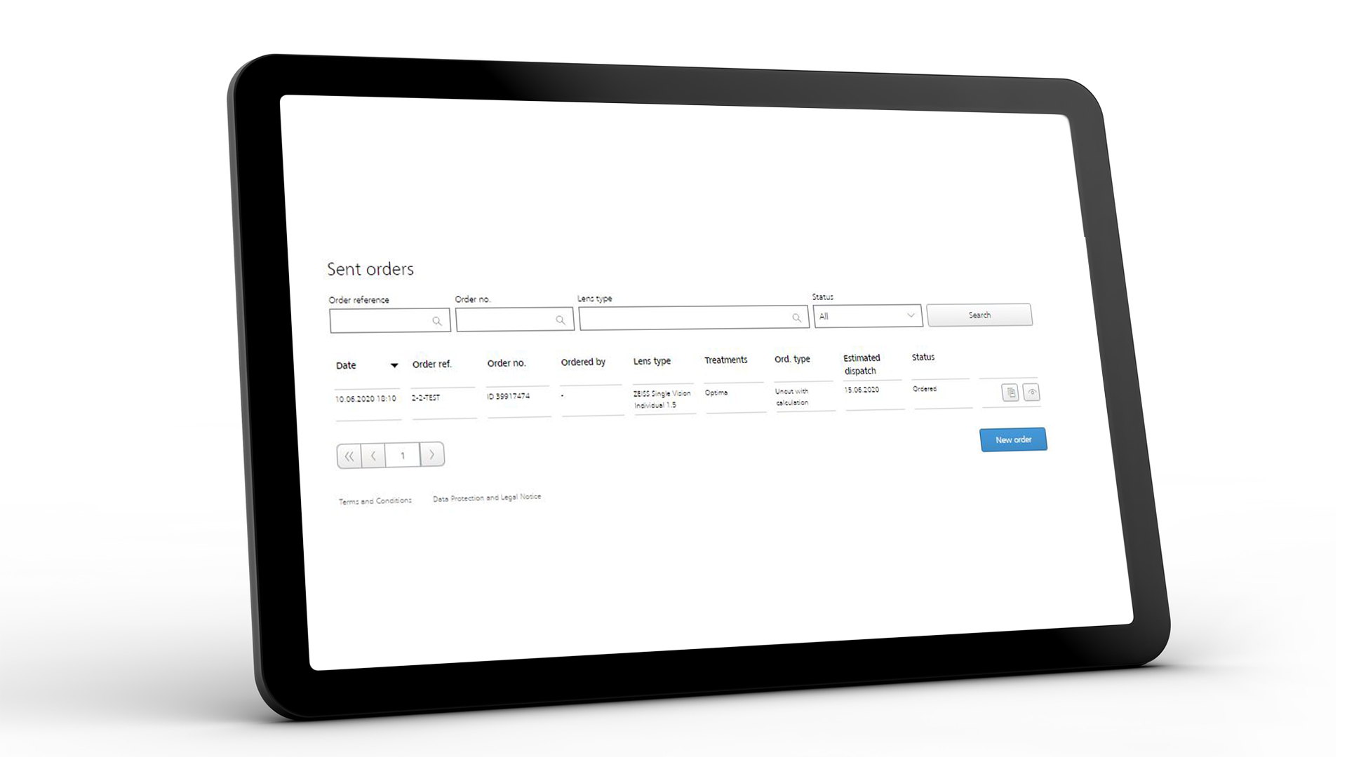 Tablet skærmbillede, som viser ZEISS VISUSTORE-brugergrænsefladen for sendte bestillinger 