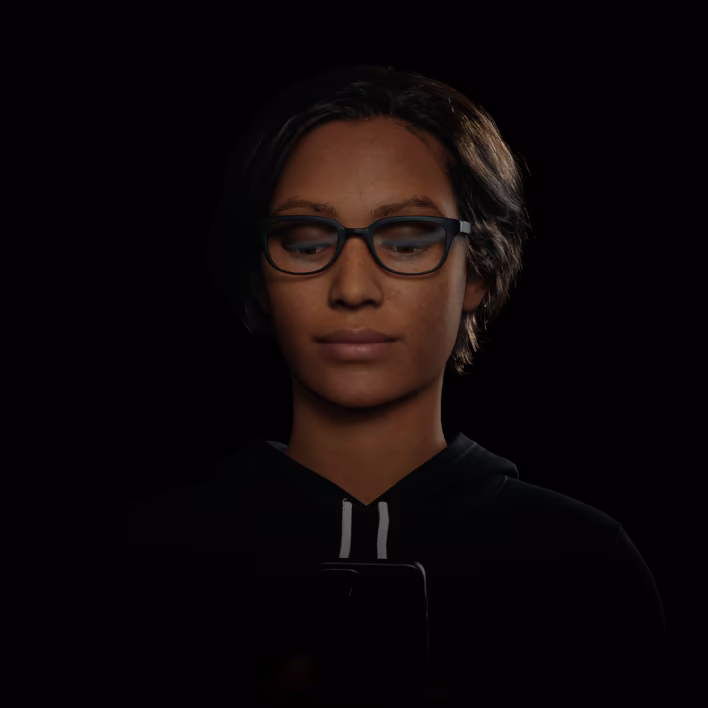 Animeret illustration af en person der bevæger øjnene og hovedet, ser igennem forskellige sektioner af sine SmartLife-briller på en smartphone og i forskellige afstande i en 3D-objekt-rum-model, efterfulgt af hundreder af datalyspunkter, der giver tallet 12,5