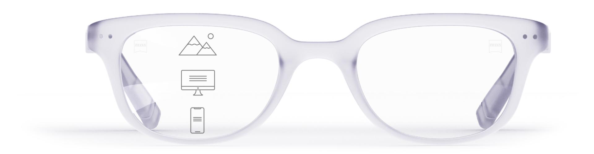ZEISS Progressive SmartLife brilleglas i en stilfuld transparent ramme med ikoner, der viser de forskellige synszoner - nær, mellem og fjern