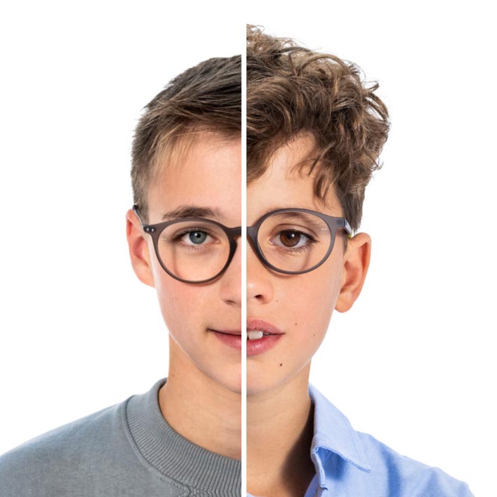 Halvdelen af et teenagedrengs ansigt ved siden af halvdelen af en mindre drengs ansigt, skiftende til et fuldt portræt af de unge drenge og en scanning af ansigt og stel, der dukker op